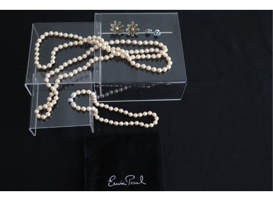Fine Costume Jewelry  Two Strands Of Erwin Pearl Faux Champagne Pearl Strands With 2 Pairs Of Earrings