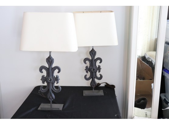 Pair Of Vintage Heavy Cast Iron Fleur De Lis Adorned Metal Table Lamps