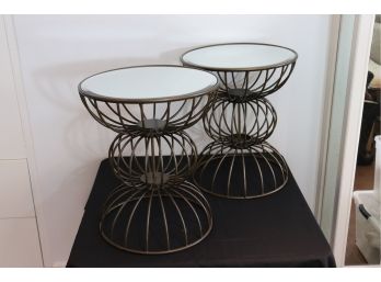 Pair Of Antiqued Bronze Finished Metal Sculptural End Tables With Beveled Mirror Tops