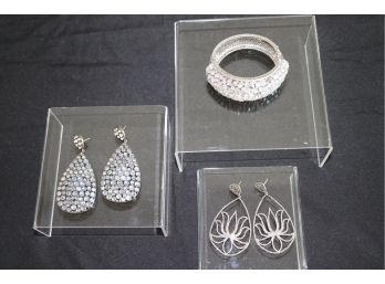 Sparkling Lot Of Fine Costume Jewelry  Cuff Bracelet & Two Pairs Of Dangly Earrings