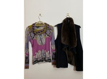 Etro Printed Cashmere & Silk Sweater With Shawl Collar & Scoop NYC Shearling Vest  Size 40 & Petite
