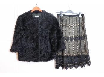 Prada Black Mohair Faux Fur Jacket & Kobi Halperin Crocheted Skirt With Silk Lining  Womens Size 38(IT)