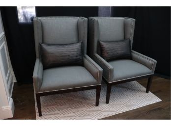 Quality Pair Of Custom Upholstered Linen Wing Back Chairs In Gray With Silver Nail Head Trim & Pillows