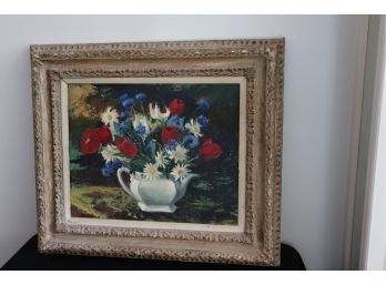 Floral Bouquet Oil On Masonite Board In Vintage Gesso & Wood Frame  28.5 Inches W X 24.75 Inches H