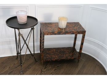 Lot Of Assorted Side Tables In Metal & Tiger Wood Veneer With Nest 3 Wick Candles  Never Burned