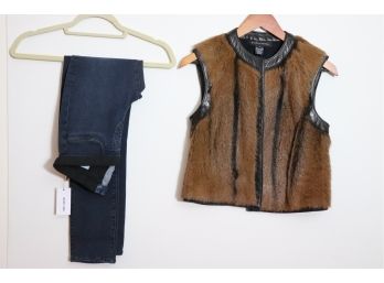 Ralph Lauren Mink Like Fur - Leather Trim Vest & Helmet Lang Stretch Denim Jeans  Womens Size Small/25(US)