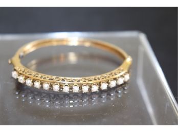 14KT Yellow Gold Bangle Bracelet With Approx 14 Seed Pearls Set In Filigree Gallery Setting
