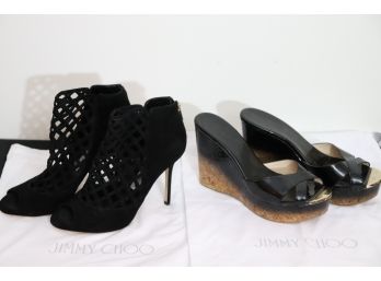 Black Platform Wedge Sandals & Black Suede Peep Toe High Heel Bootie By Jimmy Choo  Womens Shoe Size 38