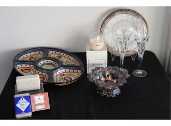 Eclectic Lot  Pair Of Waterford Crystal Champagne Flutes(Love), Sterling Silver Tabletop Accessories & More