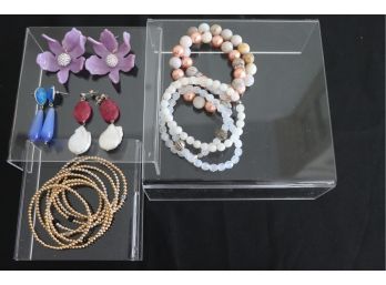 Fine Costume Jewelry  3 Pairs Of Pierced Earrings & 13 Assorted Elastic Bracelets
