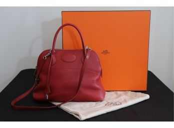 Authentic Hermes 31CM Bolide Leather Handbag In Rouge Red Full Grain Leather