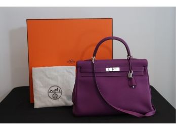 Authentic Hermes 35CM Kelly Leather Handbag In Anemone Togo Leather