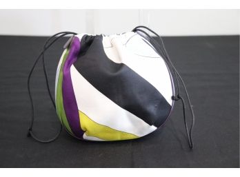 Authentic Emilio Pucci Silk Drawstring Satchel Handbag With Purple Leather Trim