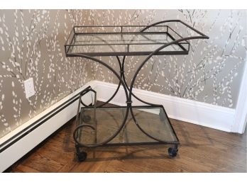 Vintage Scrolled Metal & Glass Tea Cart With Casters