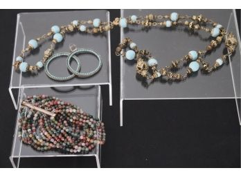 Fine Costume Jewelry  Pair Of Sterling & Turquoise Hoop Earrings, Beaded Bracelet, Nakshi Ball & Bead Necklace