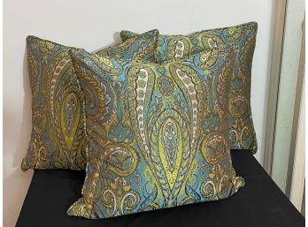 3 Colorful Blue & Green Paisley Down Feather Throw Pillow  24 Inch Square
