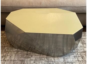 Unique Geometric Geode Shaped Coffee Table In Brushed Mirrored Finish With Pale Yellow Backed Glass Top