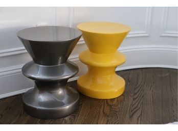 Pair Of Funky High Gloss Lacquered Pull Up/Side Tables In Metallic Gray & Golden Rod Yellow