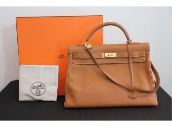 Authentic Hermes 40CM Kelly Leather Handbag In Kelly Gold Leather