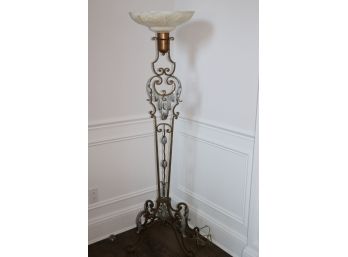 Antique Wrought Iron Style Floor Lamp With Gold Finish & Milk Glass Shade