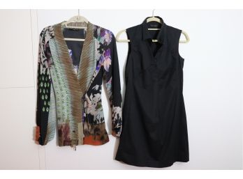 Etro Silk Print Wrap Blouse & Peserico Black Cotton Sleeveless A Line Dress  Womens Size 40(IT)
