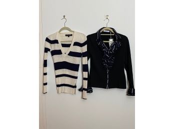 Proenza Schouler Knit Striped V Neck Sweater & Anne Fontaine Ruffle Blouse In Navy & Cream
