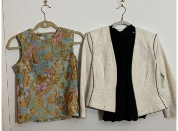 Marni Embroidered Floral Print Sleeveless Top & LAgence White Basketweave Cotton Jacket With Black Trim