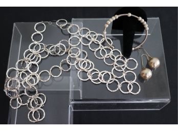 Interlocking Chain Necklace, Golf Bracelet In Silver Finish & Pair Of Champagne Pearl Drop Earrings