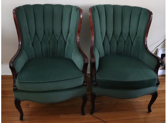 PAIR OF QUALITY CUSTOM UPHOLSTERED GREEN CHANNEL BACK ACCENT CHAIRS WITH ELEGANT DESIGN
