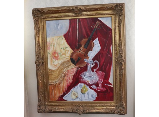 ORIGINAL FRAMED STILL LIFE OIL PAINTING ON CANVAS WITH VIOLIN AND SHEET MUSIC IN ORNATE FRAME