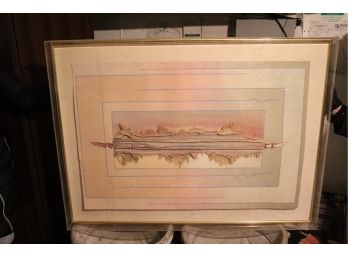 SIGNED SOUTH WESTERN MIXED MEDIA ART ON PAPER FLOATING IN LUCITE FRAME