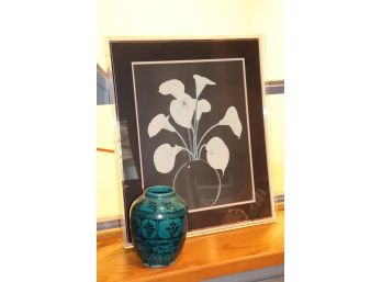 CALLA LILY PRINT IN LUCITE FRAME & HAND PAINTED VASE FROM IRAN