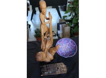 CARVED WOOD STATUE 'LIFE' WITH VINTAGE HANDMADE HAND HARP & HAND PAINTED ARTWORK BY PEPE SAN TIAGO