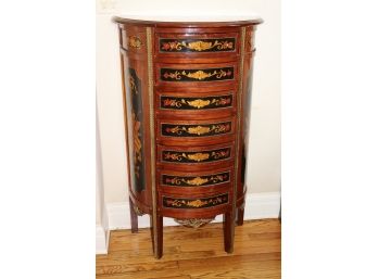 QUALITY PAINTED DEMILUNE 7 DRAWER CHEST WITH MUSICAL THEMED MOTIF & GOLD PAINTED TRIM
