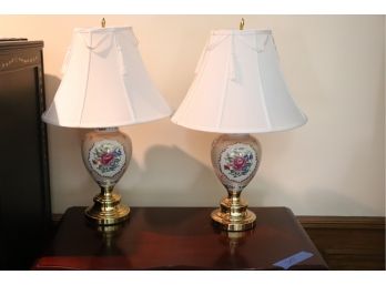 PAIR OF BEAUTIFUL FLORAL PORCELAIN LAMPS WITH GOLD FINISHED BASE