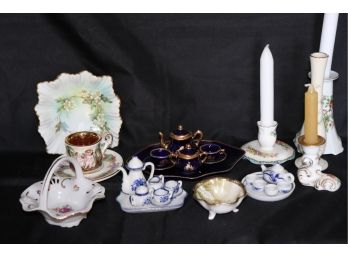 BEAUTIFUL COLLECTION INCLUDES MINATURE TEA SETS, DECORATIVE CANDLESTICKS & FLORAL DISHES