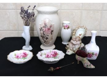 BEAUTIFUL COLLECTION INCLUDES FLORAL VASES, DECORATIVE PORCELAIN SHOE, & FLORAL AMERICAN BEAUTY DISHES