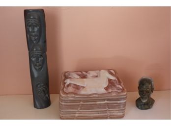 CARVED STONE PIECES INCLUDES SMALL BUST, DOUBLE SIDED TOTEM WITH 3 FACES & SANDSTONE TRINKET BOX