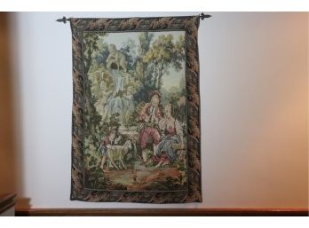 BELGIAN TAPESTRY OF COURTING LOVERS WITH CHERUB FOUNTAIN MEASURES APPX 45 W X 64 TALL