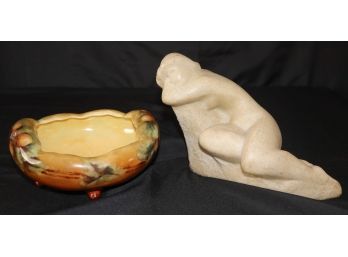 HAND PAINTED SIGNED MVP FOOTED SERVING DISH AND RECLINING NUDE MARBLE COMPOSITE STATUE BY GLINSKY