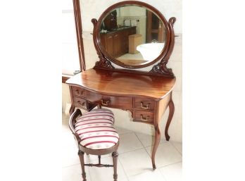 GORGEOUS ANTIQUE 1920S-30S MAHOGANY VANITY TABLE & STOOL WITH MIRROR AND BEAUTIFUL CURVED CABRIOLE LEGS