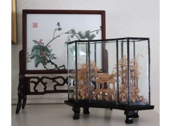 HIGHLY DETAILED ASIAN PAGODA CORK CARVING WITH FINE SIGNED FLORAL SILK EMBROIDERY ON WOOD STAND