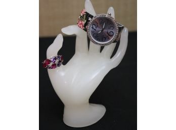 BEAUTIFUL 925 RING WITH SEMI PRECIOUS PINK & PURPLE STONES WITH FLORAL BANDED STAINLESS STEEL WOMENS WATCH
