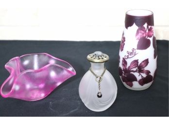 GALLE STYLE FLORAL VASE WITH PERFUME ATOMIZER AND HAND PAINTED UVH WAVY ART GLASS