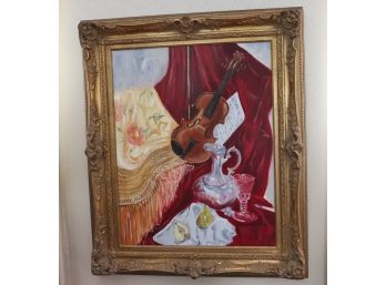 ORIGINAL FRAMED STILL LIFE OIL PAINTING ON CANVAS WITH VIOLIN AND SHEET MUSIC IN ORNATE FRAME