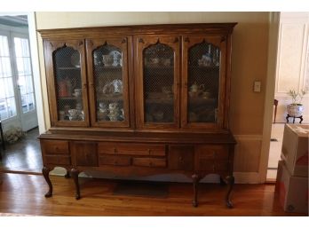LARGE VINTAGE COUNTRY FRENCH STYLE CHINA CLOSET WITH CHICKEN WIRE STYLE GLASS DOORS (CONTENTS NOT INCLUDED)