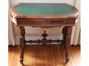 VINTAGE RENAISSANCE REVIVAL DESK/LIBRARY TABLE WITH LEATHER TOP ON CASTERS