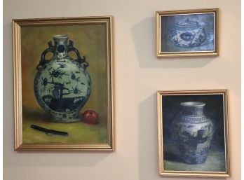 COLLECTION OF 3 FABULOUS CHINESE BLUE AND WHITE POTTERY STILL LIFE PAINTINGS IN GOLD PAINTED FRAMES