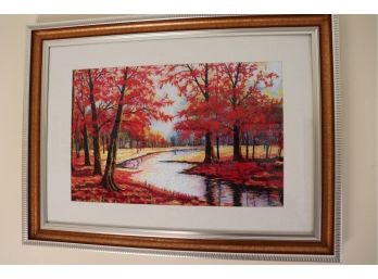 GORGEOUS SIGNED ASIAN STYLE AUTUMN LEAF EMBROIDERED SILK ARTWORK OF MAPLE TREES IN MATTED SILVER FRAME