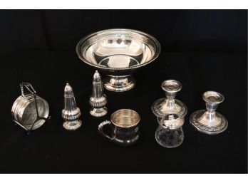 COLLECTION OF STERLING ITEMS INCLUDES ALVIN WEIGHTED CANDLESTICKS AND CROWN SALT & PEPPER SHAKERS